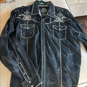 Men's Black Embroidered Button-Up Shirt